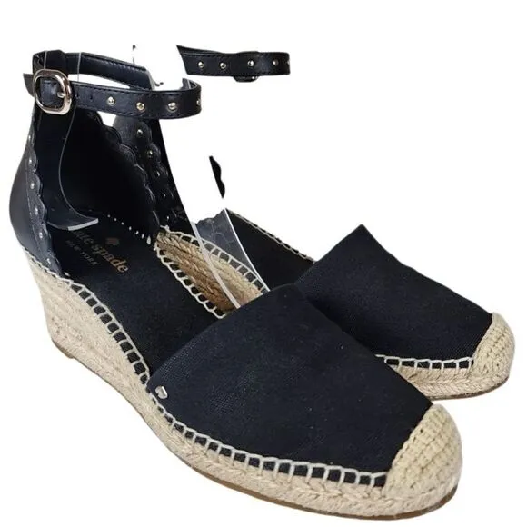 Kate Spade- Black Palma Espadrilles Ankle Strap Gold Tone Accent Wedge, Size 6.5