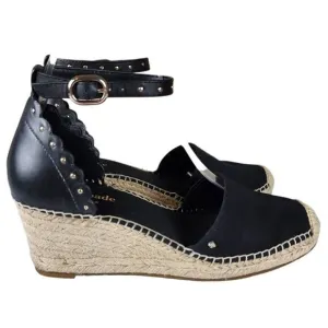 Kate Spade- Black Palma Espadrilles Ankle Strap Gold Tone Accent Wedge, Size 6.5