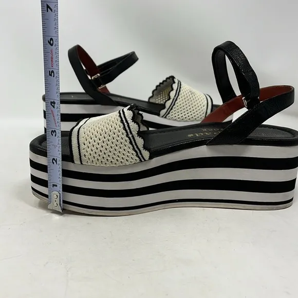 KATE SPADE HIGHRISE SPADE SANDALS BLACK WHITE STRIPE PLATFORM SZ 9.5