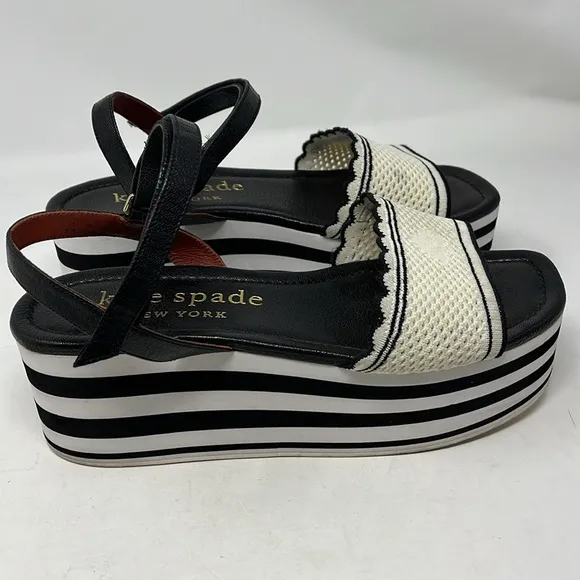 KATE SPADE HIGHRISE SPADE SANDALS BLACK WHITE STRIPE PLATFORM SZ 9.5