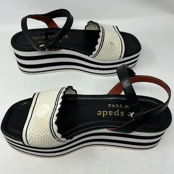 KATE SPADE HIGHRISE SPADE SANDALS BLACK WHITE STRIPE PLATFORM SZ 9.5