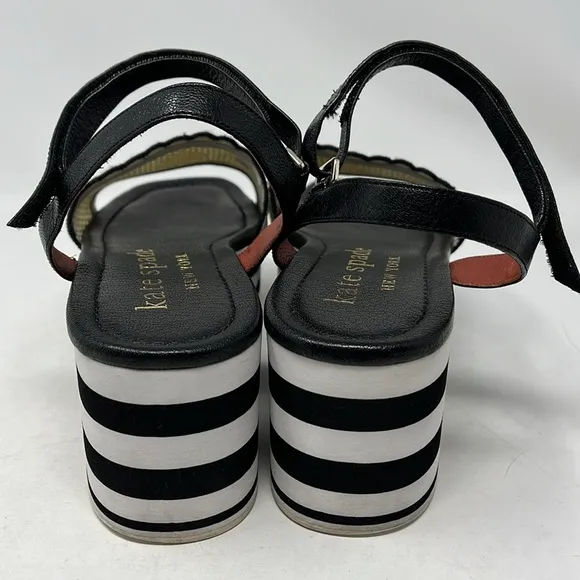 KATE SPADE HIGHRISE SPADE SANDALS BLACK WHITE STRIPE PLATFORM SZ 9.5