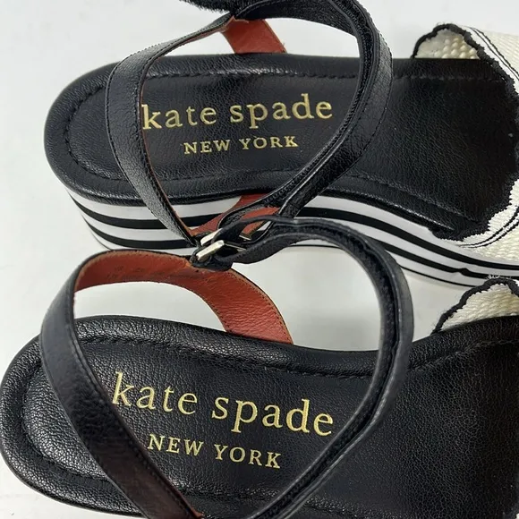 KATE SPADE HIGHRISE SPADE SANDALS BLACK WHITE STRIPE PLATFORM SZ 9.5