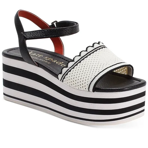 KATE SPADE HIGHRISE SPADE SANDALS BLACK WHITE STRIPE PLATFORM SZ 9.5