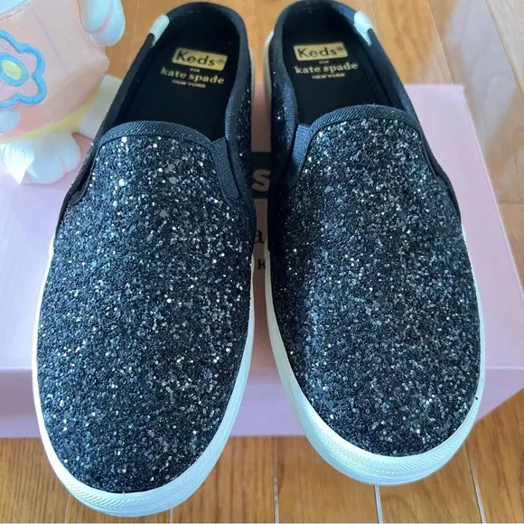 KATE SPADE Keds Womens Shoes Double Deck Mule Black Glitter Slip-On Sneakers 6.5