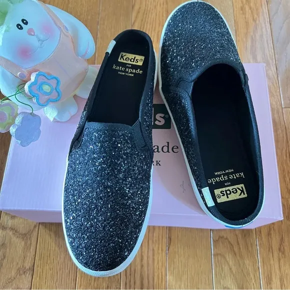 KATE SPADE Keds Womens Shoes Double Deck Mule Black Glitter Slip-On Sneakers 6.5