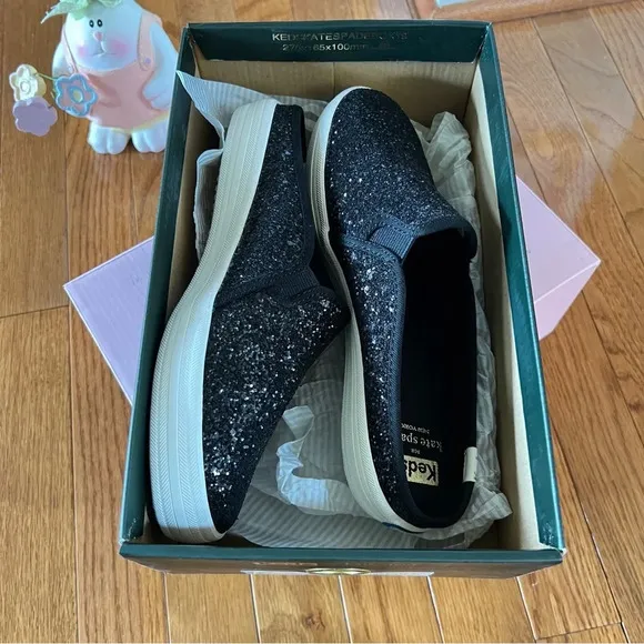 KATE SPADE Keds Womens Shoes Double Deck Mule Black Glitter Slip-On Sneakers 6.5