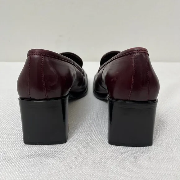 Kenneth Cole Leather Burgundy Loafers Chunky Block Heel Square Toe Size 7.5