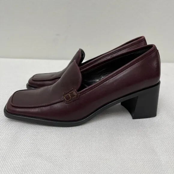 Kenneth Cole Leather Burgundy Loafers Chunky Block Heel Square Toe Size 7.5