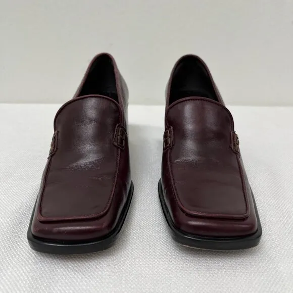 Kenneth Cole Leather Burgundy Loafers Chunky Block Heel Square Toe Size 7.5