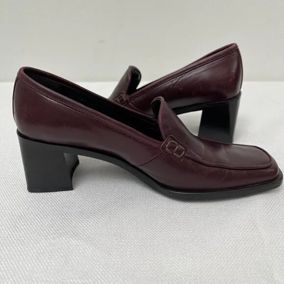 Kenneth Cole Leather Burgundy Loafers Chunky Block Heel Square Toe Size 7.5