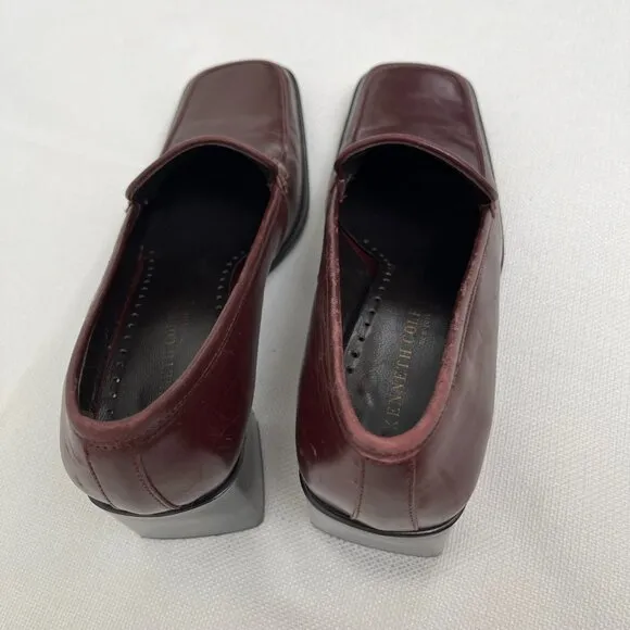 Kenneth Cole Leather Burgundy Loafers Chunky Block Heel Square Toe Size 7.5
