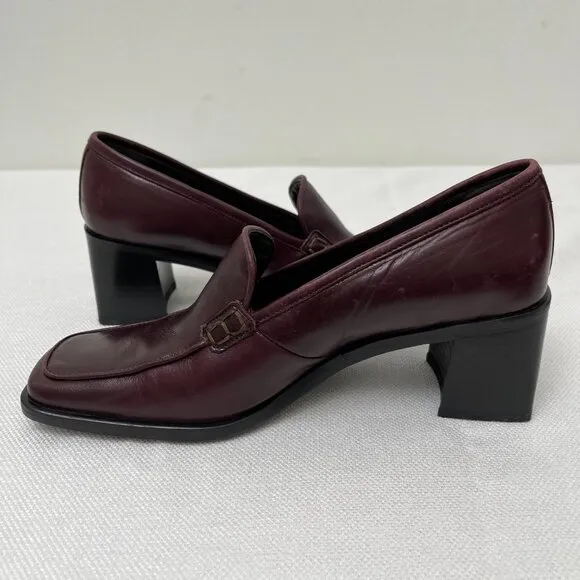 Kenneth Cole Leather Burgundy Loafers Chunky Block Heel Square Toe Size 7.5
