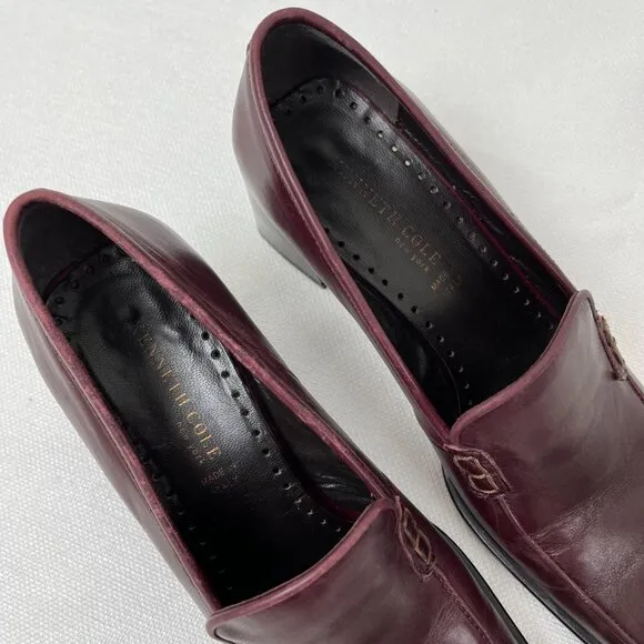 Kenneth Cole Leather Burgundy Loafers Chunky Block Heel Square Toe Size 7.5