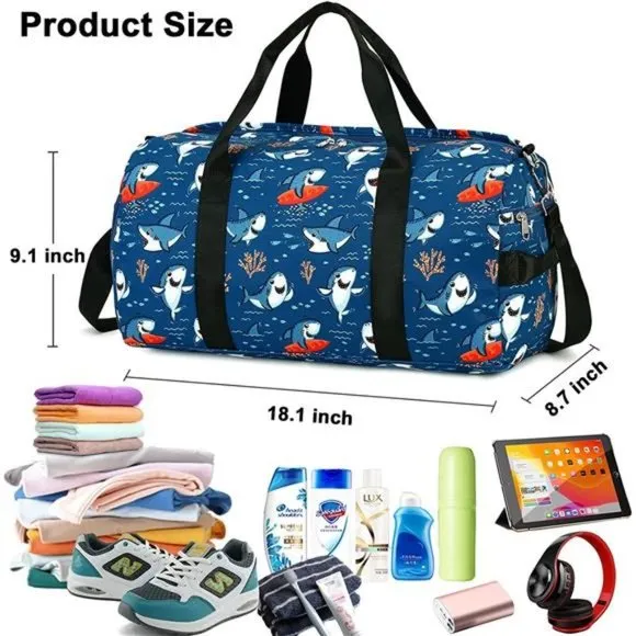 KIDS Duffel Overnight Bag for Boys and Girls Shark-Dark Blue
