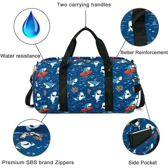 KIDS Duffel Overnight Bag for Boys and Girls Shark-Dark Blue