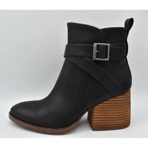 Korks Womens Size 8.5 Shyla Stacked Block Heel Black PU Zip Buckle Booties Boots