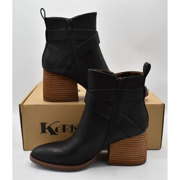 Korks Womens Size 8.5 Shyla Stacked Block Heel Black PU Zip Buckle Booties Boots