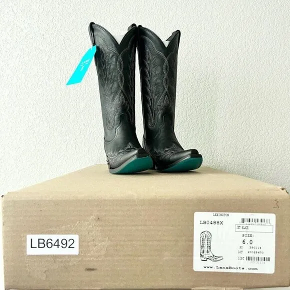 Lane LEXINGTON Womens Cowboy Boots 6 Black Leather Western Cowgirl Mid Calf Tall