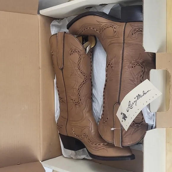 Larry Mahan Vintage Leather Tan Taupe Western Cowboy Cowgirl Boots