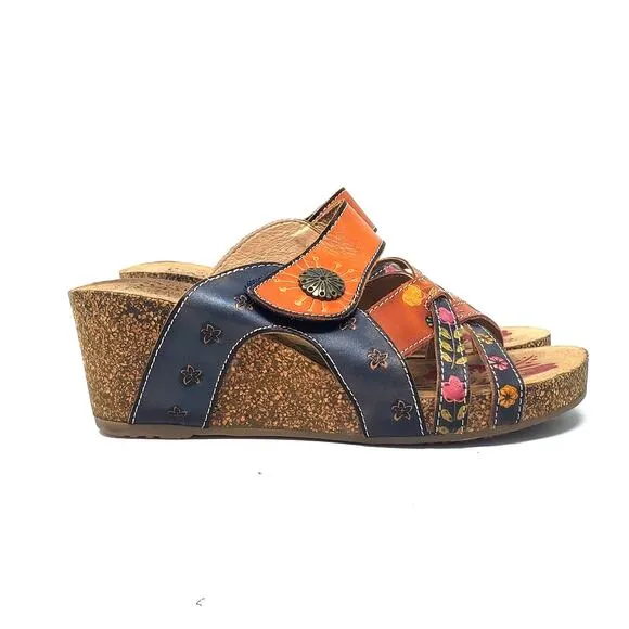 L'Artiste Spring Step Wedge Sandals Floral Multi Leather Jadora Camel Size 36