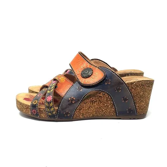L'Artiste Spring Step Wedge Sandals Floral Multi Leather Jadora Camel Size 36