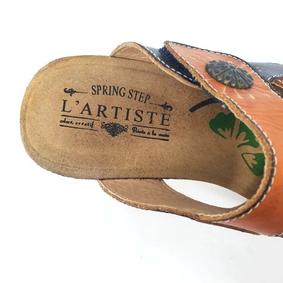 L'Artiste Spring Step Wedge Sandals Floral Multi Leather Jadora Camel Size 36