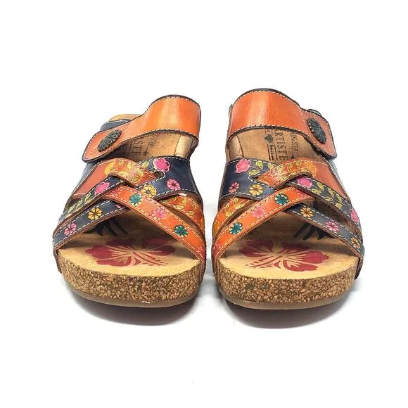 L'Artiste Spring Step Wedge Sandals Floral Multi Leather Jadora Camel Size 36