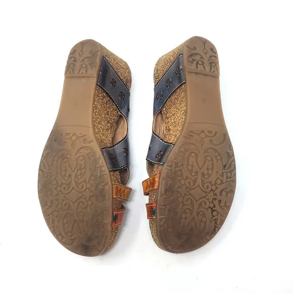 L'Artiste Spring Step Wedge Sandals Floral Multi Leather Jadora Camel Size 36