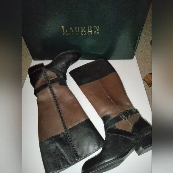 Lauren Ralph Lauren (Size 6B) Black &amp; Brown Leather Wide Calf Riding Knee Boots