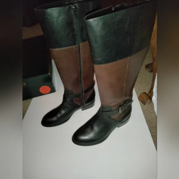 Lauren Ralph Lauren (Size 6B) Black &amp; Brown Leather Wide Calf Riding Knee Boots