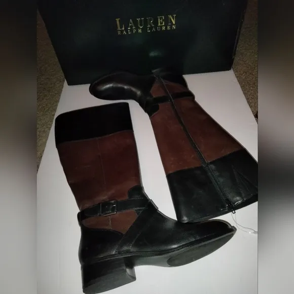 Lauren Ralph Lauren (Size 6B) Black &amp; Brown Leather Wide Calf Riding Knee Boots