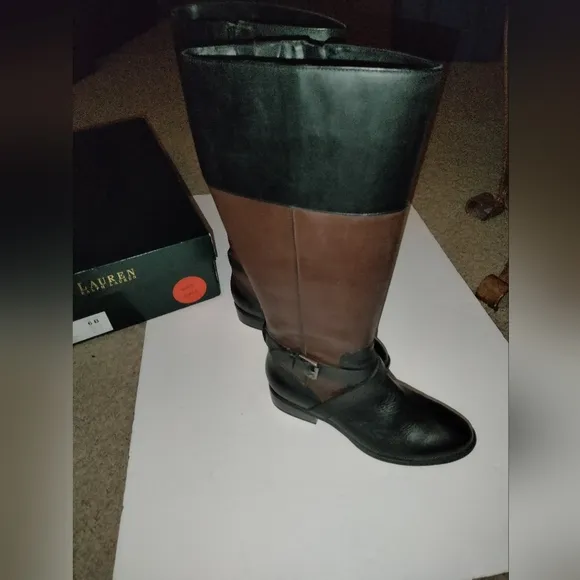 Lauren Ralph Lauren (Size 6B) Black &amp; Brown Leather Wide Calf Riding Knee Boots