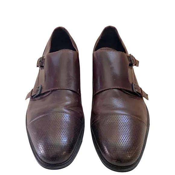 Leather Dress Shoes Loafers Brown Zac Monk Double Buckle Business Professional