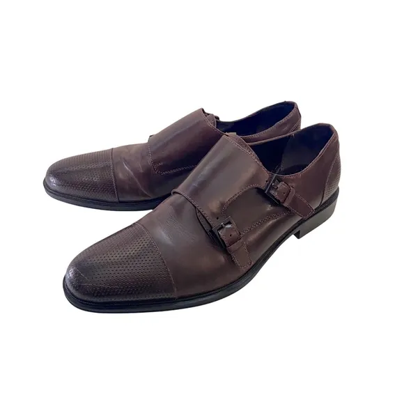 Leather Dress Shoes Loafers Brown Zac Monk Double Buckle Business Professional