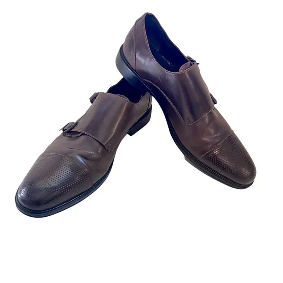 Leather Dress Shoes Loafers Brown Zac Monk Double Buckle Business Professional