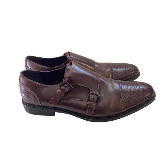 Leather Dress Shoes Loafers Brown Zac Monk Double Buckle Business Professional