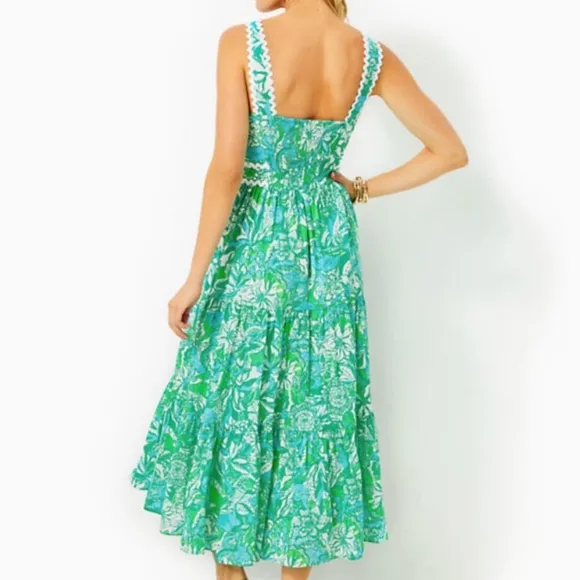 Lilly Pulitzer Pollie Cotton Midi Dress Botanical Green Safari Sangria Size 10