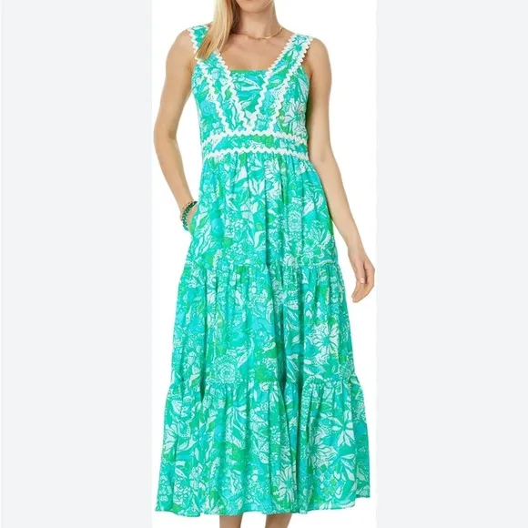 Lilly Pulitzer Pollie Cotton Midi Dress Botanical Green Safari Sangria Size 10