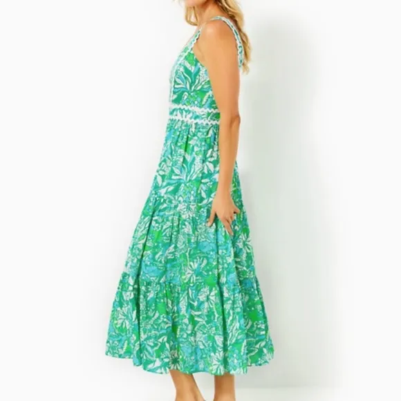 Lilly Pulitzer Pollie Cotton Midi Dress Botanical Green Safari Sangria Size 10