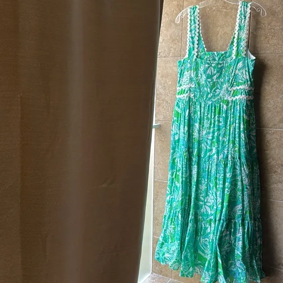 Lilly Pulitzer Pollie Cotton Midi Dress Botanical Green Safari Sangria Size 10