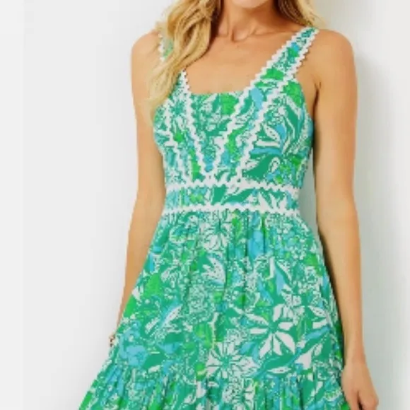 Lilly Pulitzer Pollie Cotton Midi Dress Botanical Green Safari Sangria Size 10