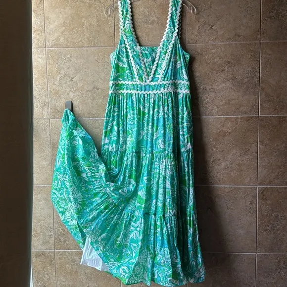 Lilly Pulitzer Pollie Cotton Midi Dress Botanical Green Safari Sangria Size 10