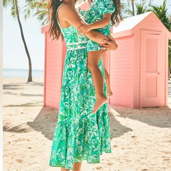Lilly Pulitzer Pollie Cotton Midi Dress Botanical Green Safari Sangria Size 10