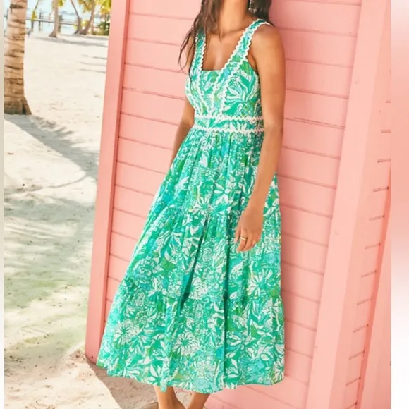 Lilly Pulitzer Pollie Cotton Midi Dress Botanical Green Safari Sangria Size 10