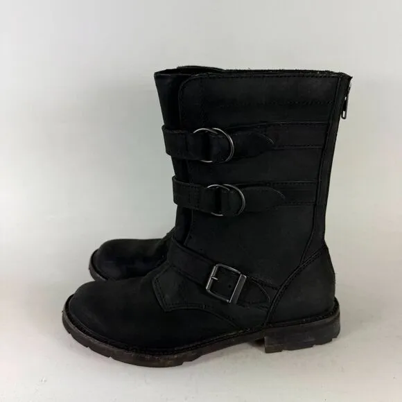 L.L. Bean Old Port Mid Calf Boots Womens 8.5 Black Zip Back Straps Buckles Shoes