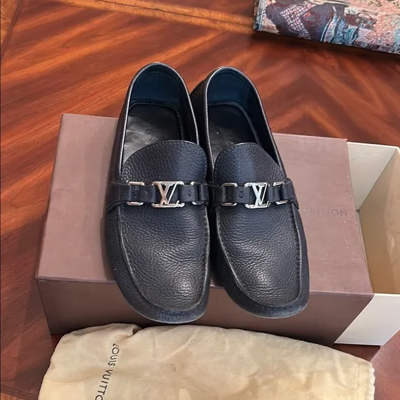 Louis Vuitton Black Leather Slip-On Loafers with Silver Hardware