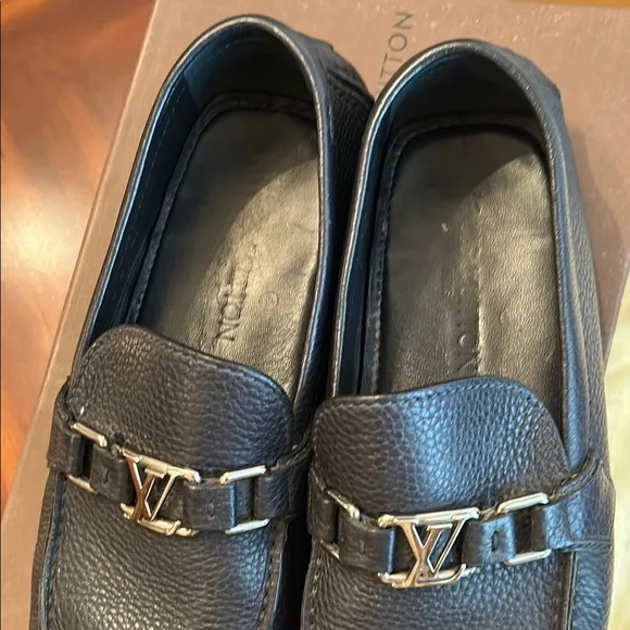 Louis Vuitton Black Leather Slip-On Loafers with Silver Hardware