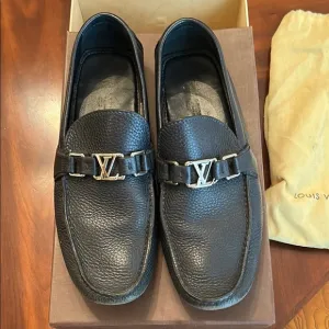 Louis Vuitton Black Leather Slip-On Loafers with Silver Hardware