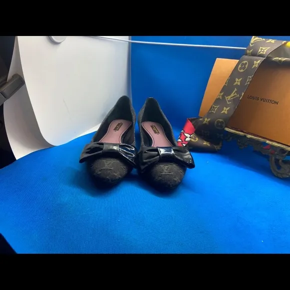 LOUIS VUITTONDenim Monogram Ballerina Flats 37.5 Monogram bow Mini lin